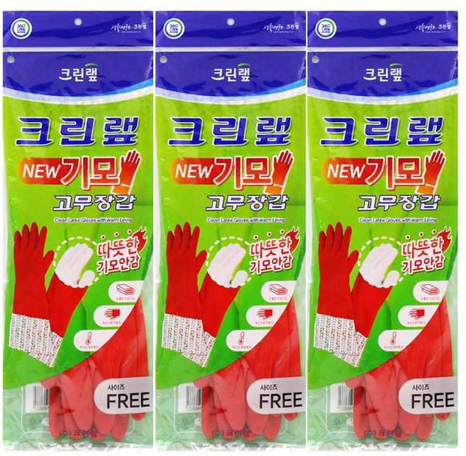 크린랩 기모 고무장갑, 빨강, 3개, FREE(one size)