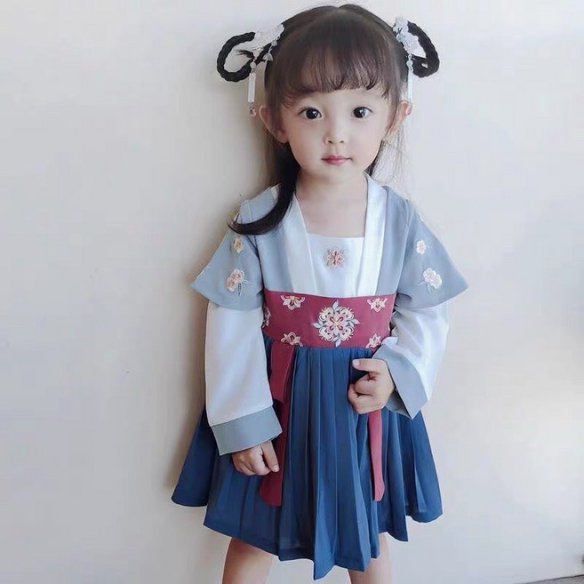兒童古風改良漢服連衣裙, 藍色(長袖)100cm, 1個
