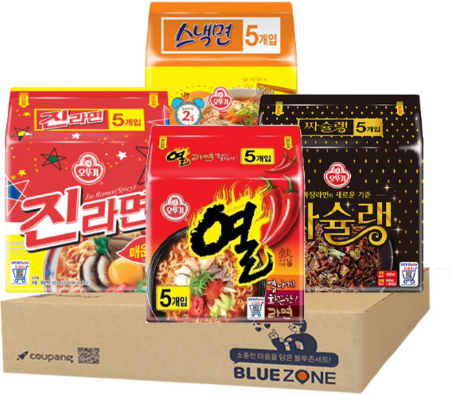 블루존 오뚜기 멀티 4종 (진라면 5개 + 열라면 5개 + 스낵면 5개 + 짜슐랭 5개), 16개