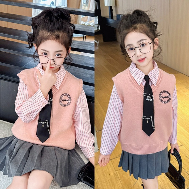 삐삐네옷가게 여아 주니어 핑크니트 셔츠 스쿨룩 치마세트