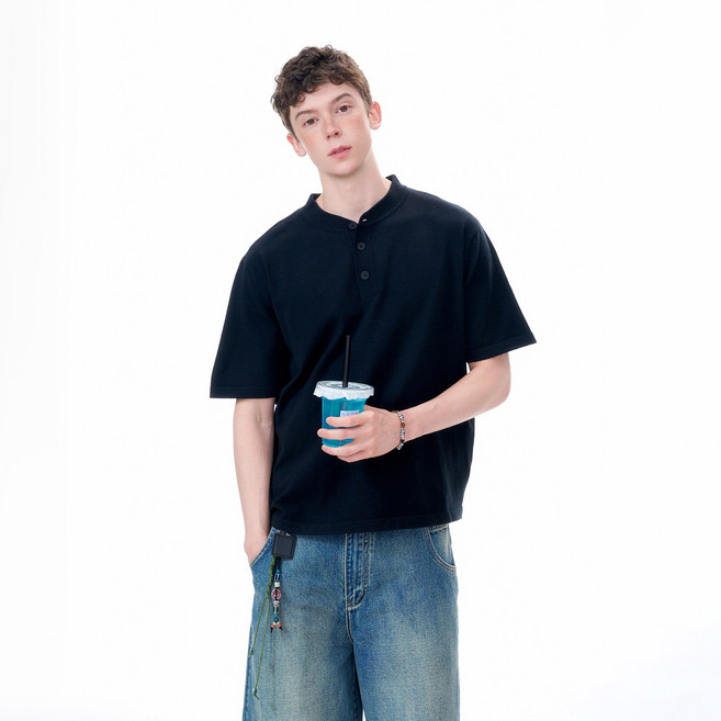 美式復古亨利領短袖針織衫 男款夏季休閒上衣