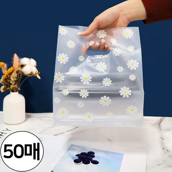 댓츠댓 예쁜 감성 선물 비닐 쇼핑백 소, 50개, 데이지