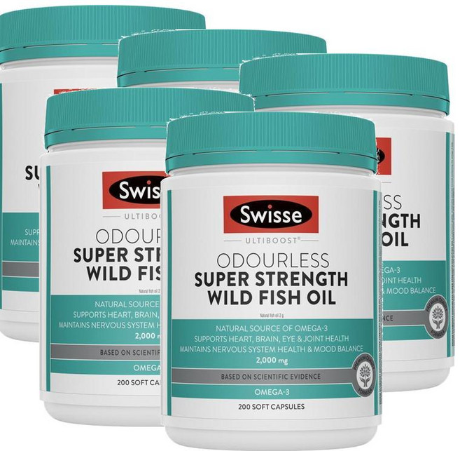 스위스 무취 와일드 피쉬오일 2000mg 슈퍼스트렝스 소프트젤 Swisse Odourless Super Strength Wild Fish Oil, 5개, 200정
