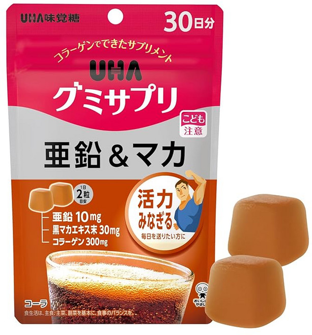UHA 구미 사프리 아연 & 마카 분 60알 하루 2마리 콜라 맛 2알에 블랙 마카엑기스 30mg 배합, 1개