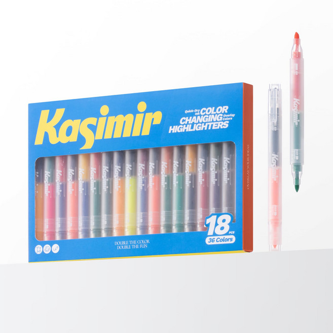 Kasimir트윈 형광펜 세트 양쪽 혼합색상 겹쳐쓰기 가능, 18개, 36색