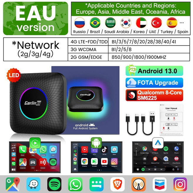 CARLINKIT CARPLAY AI BOX 안드 13 SM6225 6125 8 코어 자동 무선 어댑터 WIFI 4GLTE 유선 자동차 용 GPS 64G 128G FOTA 업그레이, 4GB 64GB, EAU Android 13 LED, 1개