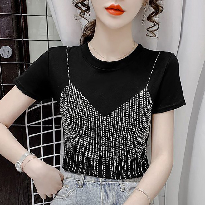 로르카 여성 반짝이 큐빅 장식 라운드넥 반팔 숏기장 트렌디 얇은 티셔츠 K0032120