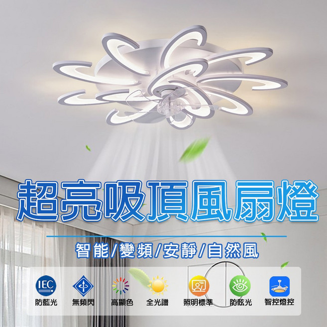 超亮吸頂風扇燈，智能/變頻/安靜/自然風，三色變光, 【黑框】風車款大號-直徑95CM