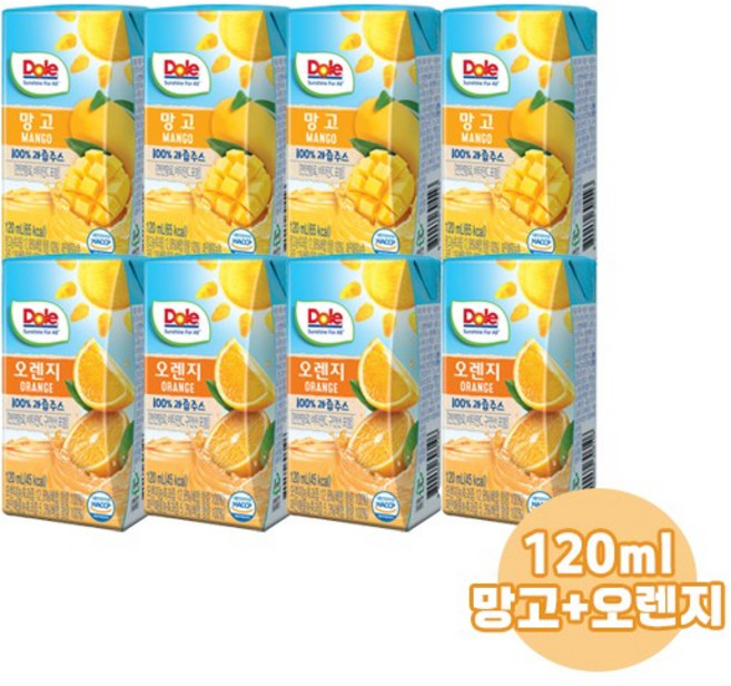 Dole 돌주스 프리미엄 100% 과즙주스 120ml 망고맛16+오렌지맛16/총32팩/무료배송, 32개