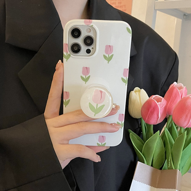 믹스더마켓 아이폰 14 14프로 튤립 패턴 화이트 플라워 구슬 스마트톡 휴대폰 케이스 아이폰14프로맥스 13 Pro 12 프로