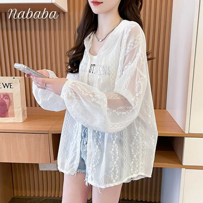 나바바 NB2785 여성 시스루 레이스 긴팔 후드 셔츠