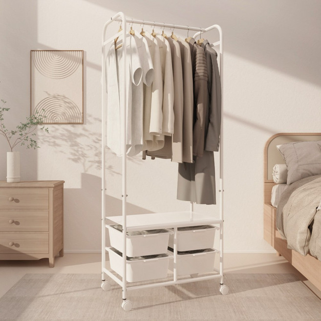 무베즈 올인원 이동식 서랍형 행거 올화이트, 서랍 2단