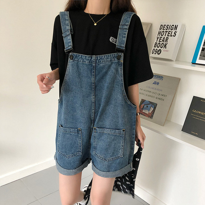 슬림소녀 여성 여름 롤업 데님 멜빵바지 와이드 빈티지 하이웨스트