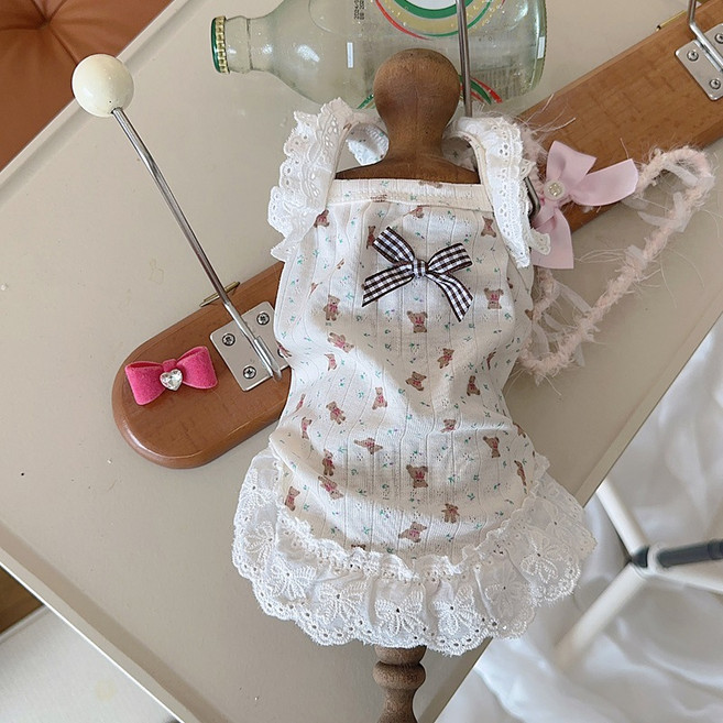 육돌이 반려동물 강아지 고양이 레이스 티셔츠, 1개, 베이지곰돌이