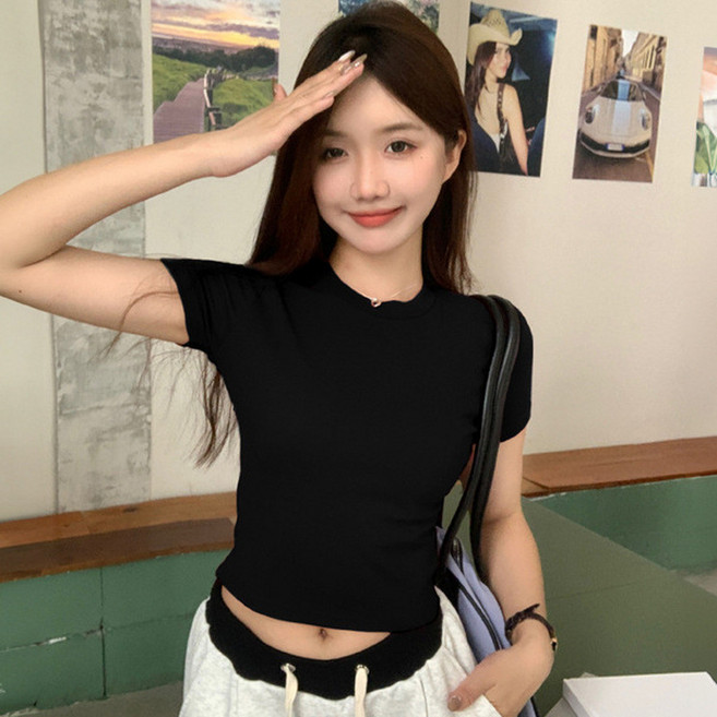 純棉短袖T恤女修身設計感短款上衣