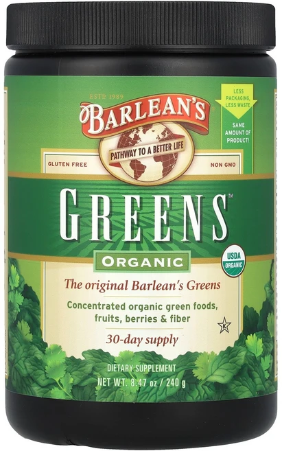 Barlean's Organic Greens™ 240g(8.47oz) Barlean's (발린스), Barlean's, Organic Greens™, 24, 1개, 240g - 쿠팡