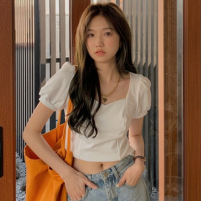 뉴욕멋쟁이 페미닌 스퀘어넥 반팔 크롭 블라우스 (55~88사이즈까지)