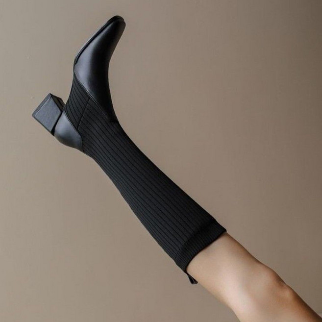 FANSYLI 봄가을 겨울 패션 롱부츠 여성 통굽니트 양말 롱부츠 통근 스판부츠 X2409S6