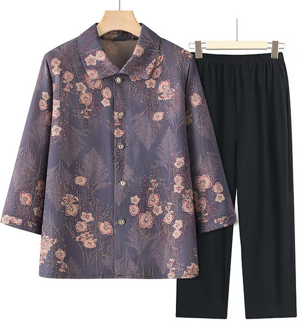 여성 중장년 고급 넥카라 7부 셔츠 + 블랙 밴딩 바지 세트