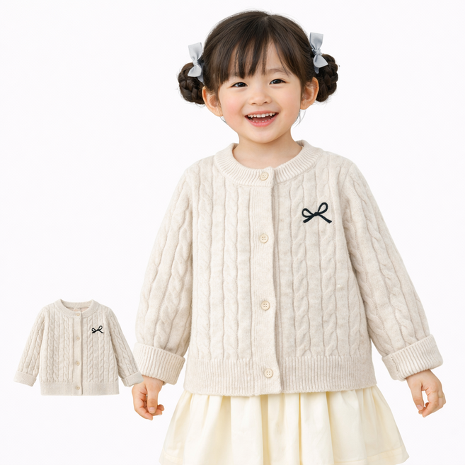 여아 니트 가디건 아동 꽈배기 케이블 리본자수 카디건 봄가을 데일리룩 리본자수꽈배기가디건