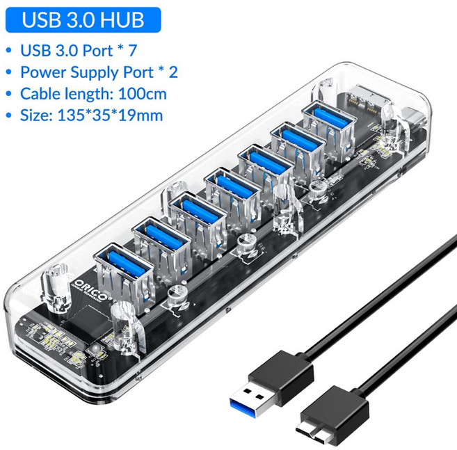 호환 ORICO 투명 USB 허브 4 7 포트 USB3.0 어댑터 분배기 데스크탑 노트북 용 외부 마이크로 USB 전원 공급 장치, [05] 7 Ports 100cm, 1개