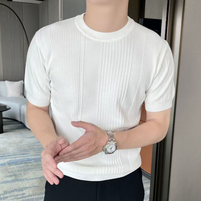 ROYALBELLE 남성 라운드넥 슬림핏 니트 골지 패턴 캐주얼 데일리 반팔 티셔츠 E01031111