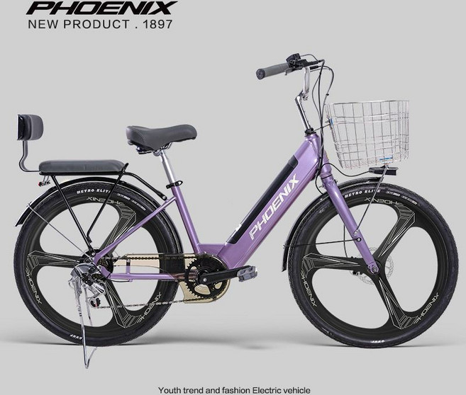 PHOENIX 電動腳踏車 26吋可拆卸鋰電池 電助力輔助 大車筐 油碟煞車, 1個, 26寸一體輪-碟剎-速度版-紫羅蘭-亮配,48V8Ah