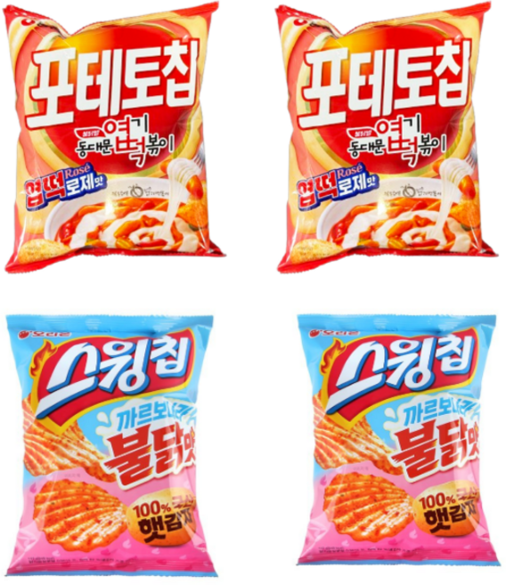 농심 포테토칩 엽떡로제맛2 + 오리온 스윙칩 까르보나라불닭맛, 2개, 엽떡로제맛2 + 까르보나라불닭맛2