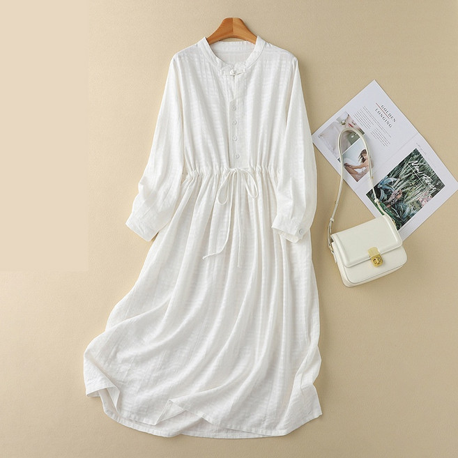 ZAJA 여성 봄여름 긴팔 롱 원피스 면 린넨 단색 데일리룩