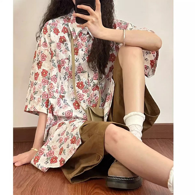 【復古慵懶風】花襯衫 短袖襯衫 印花襯衫 夏威夷襯衫 半袖襯衫 滿印花卉 日系設計感 男女同款 夏季出遊穿搭