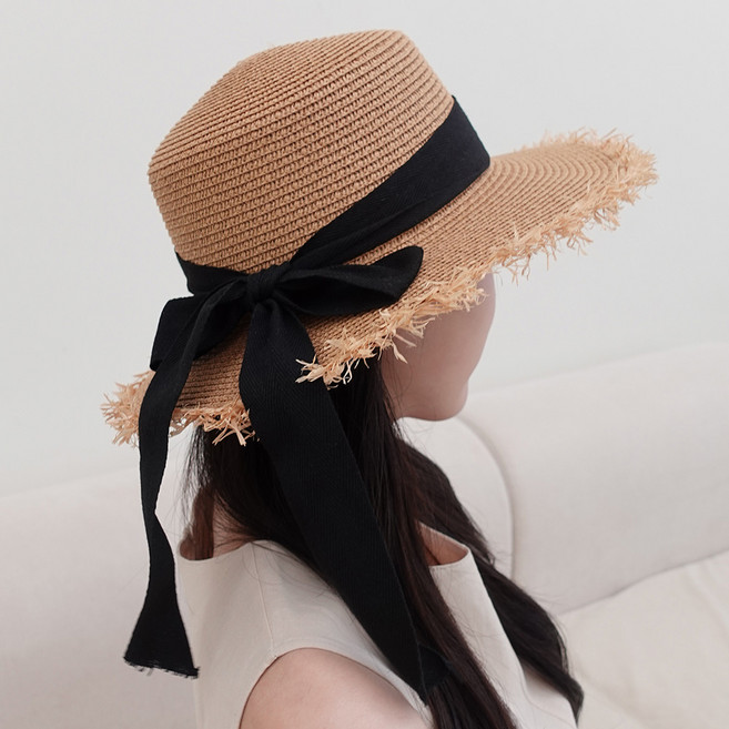 이로우리 리본 라피아 라탄 보터햇 여성 여름 밀짚 모자
