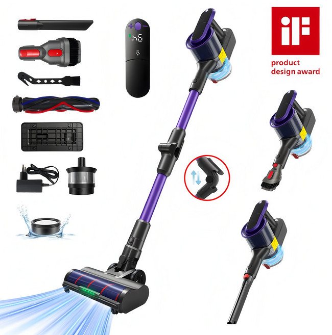 [국내발송] RichMagic 차이슨 22000pa 브러시리스 BLDC 무선청소기 다기능 휴대용 청소기 LED 배터리 잔량 단계 디스플레이접이식 흡입관 설계 듀얼 회전 브러시 세트, 자주색, VC033