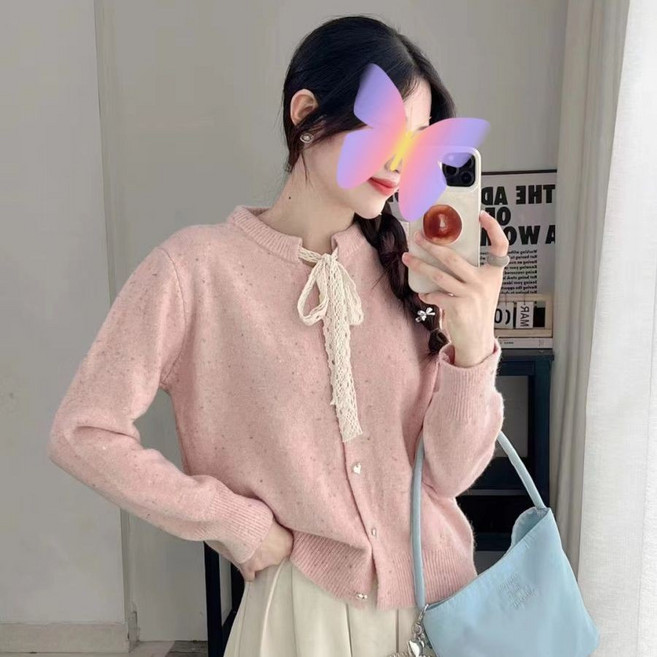 法式小香風綁帶蝴蝶結毛衣外套女秋冬款寬鬆軟糯可愛針織開衫上衣