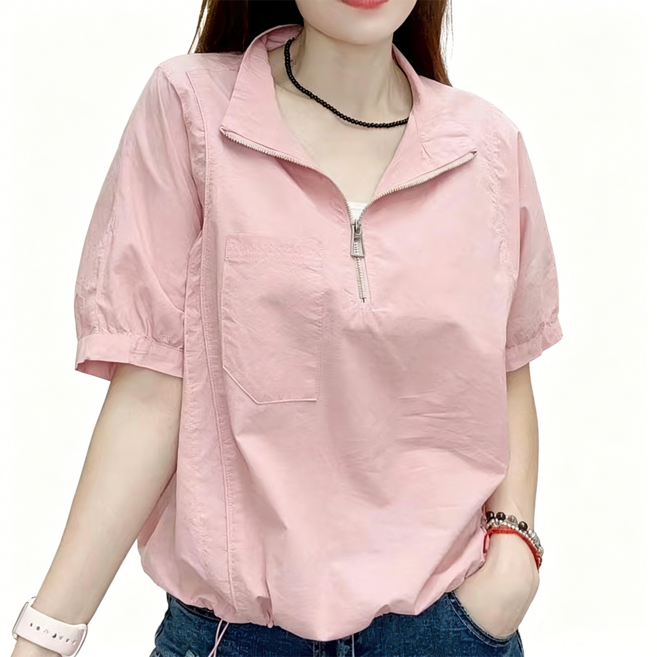 여성 반팔 하프집업 아노락 바스락 나일론 스트링 루즈핏 포켓 블라우스 셔츠 바람막이 점퍼 상의 연두 라임 여름 데일리룩 캐주얼 고프코어 스타일