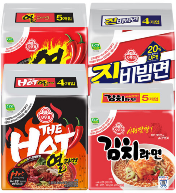 오뚜기 더핫열라면 +열라면 +진비빔면 +김치라면