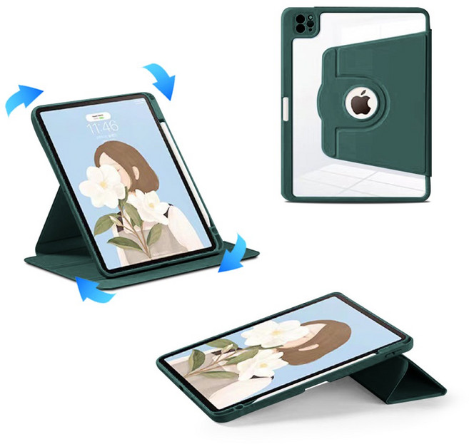 투에이비 아이패드 펜슬 수납 360도 회전 거치대 케이스, 다크그린