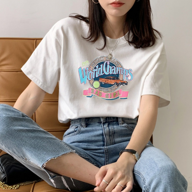 DADADA 여성 라운드 반팔티 면 프린팅 반팔티 1p