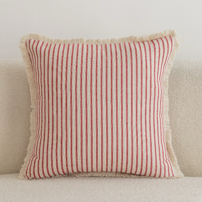 스트라이프 프린지 장식 정사각 쿠션 소파 거실 홈인테리어, 레드