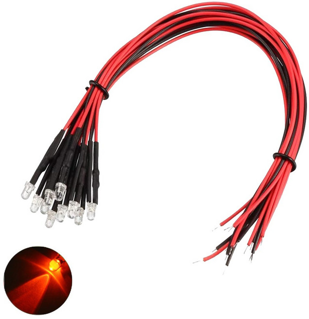 3V 3파이 레드 라운드 와이어 케이블 LED DIY 전자실습 모형용 차량 튜닝 실험 조명 부품, 10개