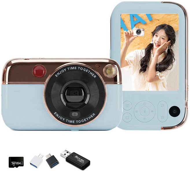 MOKiN 6400W 초고화질 레트로 미니 디지털 카메라 셀카 동영상 촬영용+ 64G sd카드 + 리더기 Y08 세트, 라이트블루