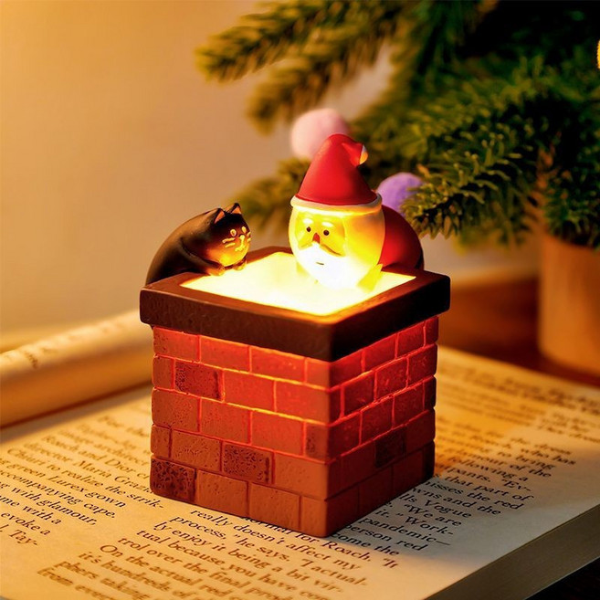 聖誕節小夜燈 裝飾擺件 煙囪小夜燈 聖誕老人小夜燈 新年禮物, 1個, 煙囪聖誕老人和黑貓