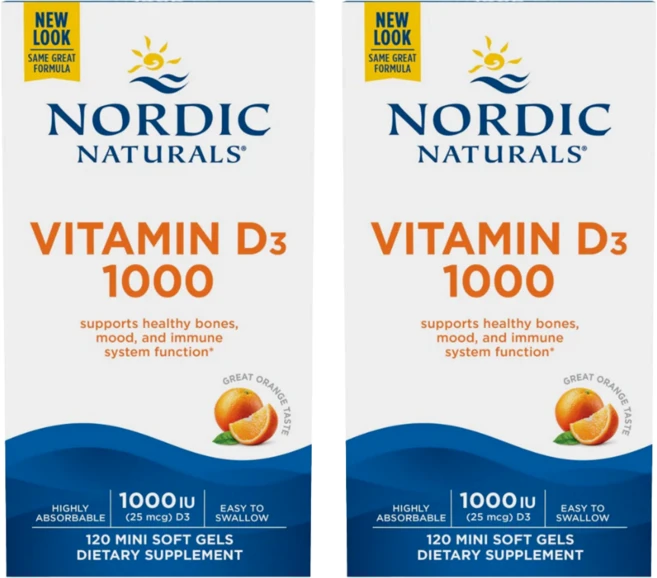1+1 노르딕 내츄럴스 비타민D3 1000IU 120 소프트젤 오렌지맛 콜레칼시페롤, 2개, 120정 - 쿠팡