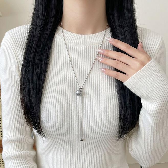 아루아 롱 실버볼 드롭 목걸이 진주 스타일 뱀줄 리버시블 긴줄 데일리
