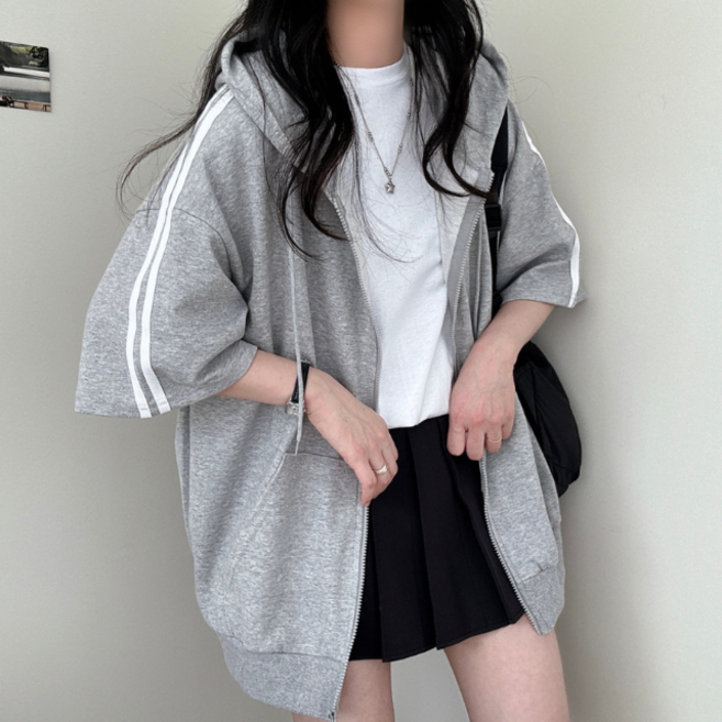 라인포인트 오버핏 반팔 후드집업 여름아우터