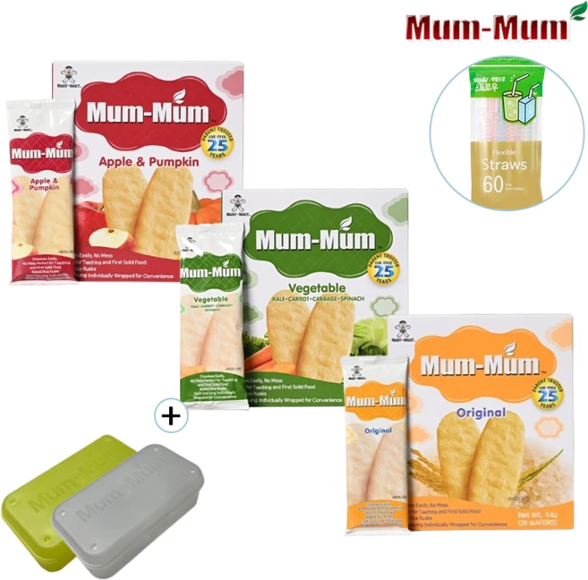 신형 멈멈 유아 쌀과자(13P) 3가지맛 + 케이스 세트 + 일회용빨대 60P, 1세트, 54g, 오리지널+사과호박+야채 - 쿠팡