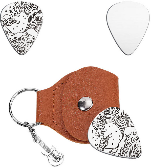 1개 스테인리스 스틸 기타 피크 201개입 인조 가죽 기타 피크 홀더 포함. 바다 물결 무늬 피크: 35x28mm 홀더: 110x52mm