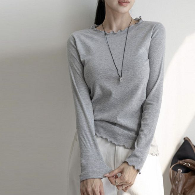 [나크21] (55~88) 여성스러운 프릴 네크라인 스판 긴팔티 이너티 자제체작 KO53-T-09