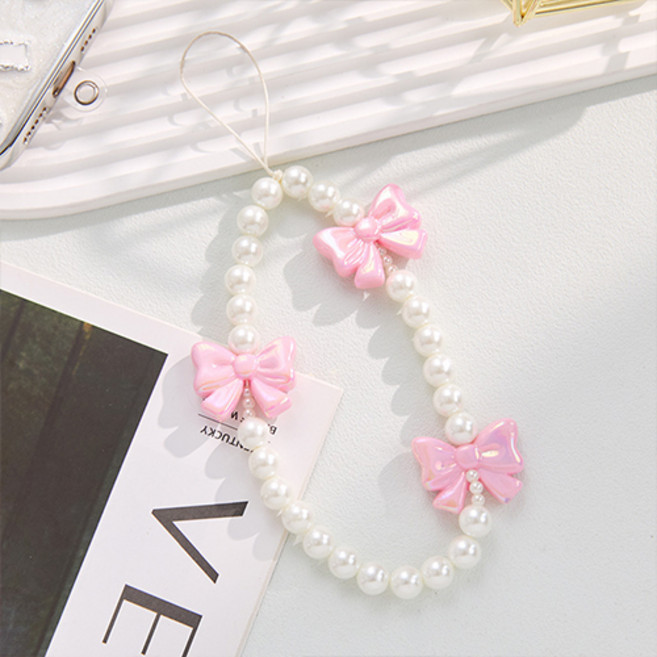 Y2K 레트로 키치 핑크 진주 리본 핸드폰 카메라 스트랩 F544, 1개