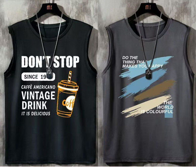 1+1 남자 민소매 티셔츠 빅사이즈 루즈핏 프린트 민소매티 2P 캐주얼 여름 남성 민소매 나시상의 CJJ