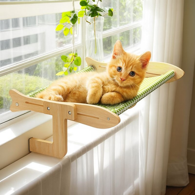 물고기 형 고양이 창틀 해먹 창문 선반 실내 창턱 침대머리 베란다 발코니의 공간을 절약할 수 있는 고양이 해먹 펀칭 필요 없어, 1개, Green